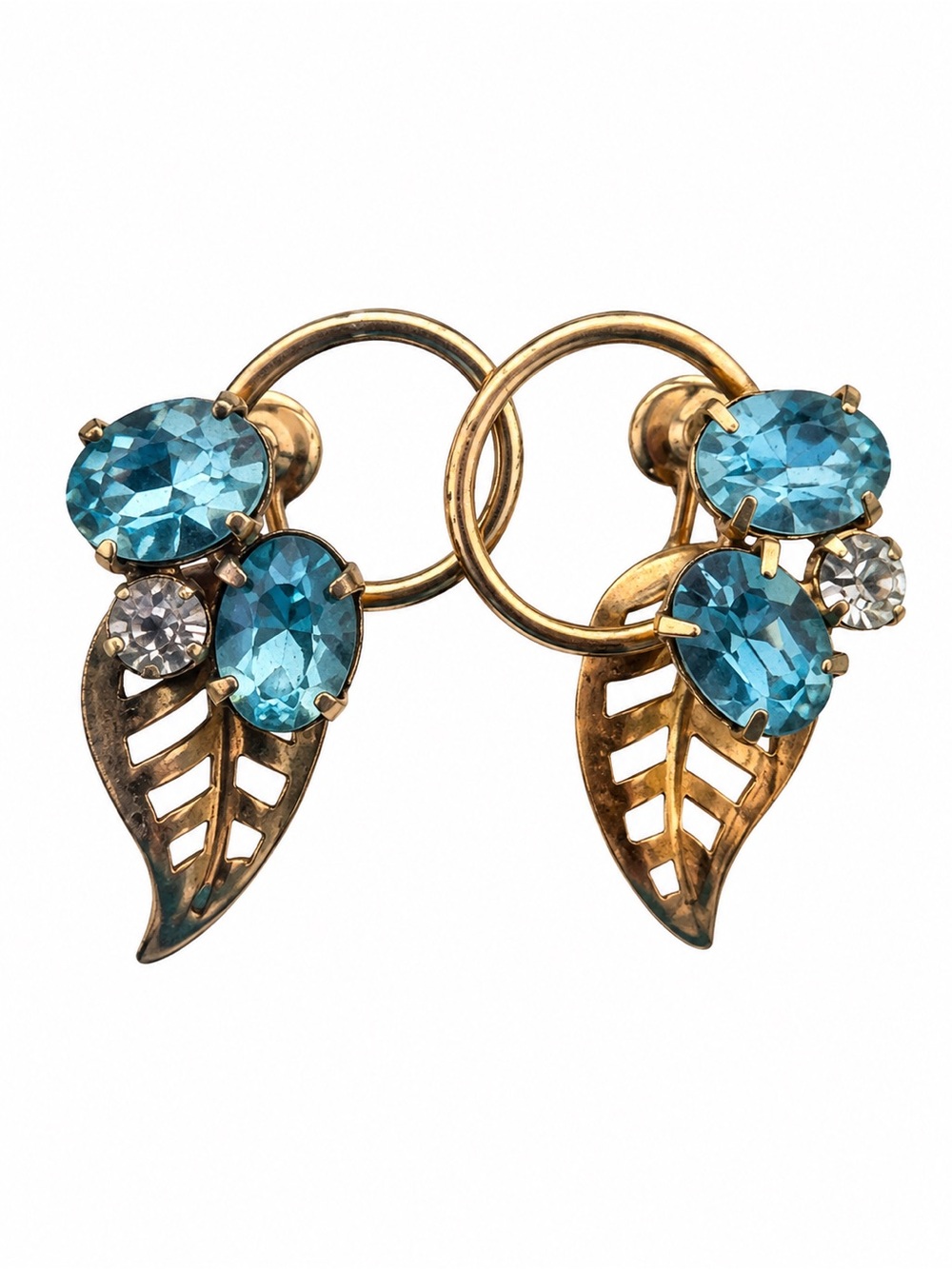 Elegant Blue Gold Leaf Earrings Vintage Clip On 12k Gold Plated Jewelry